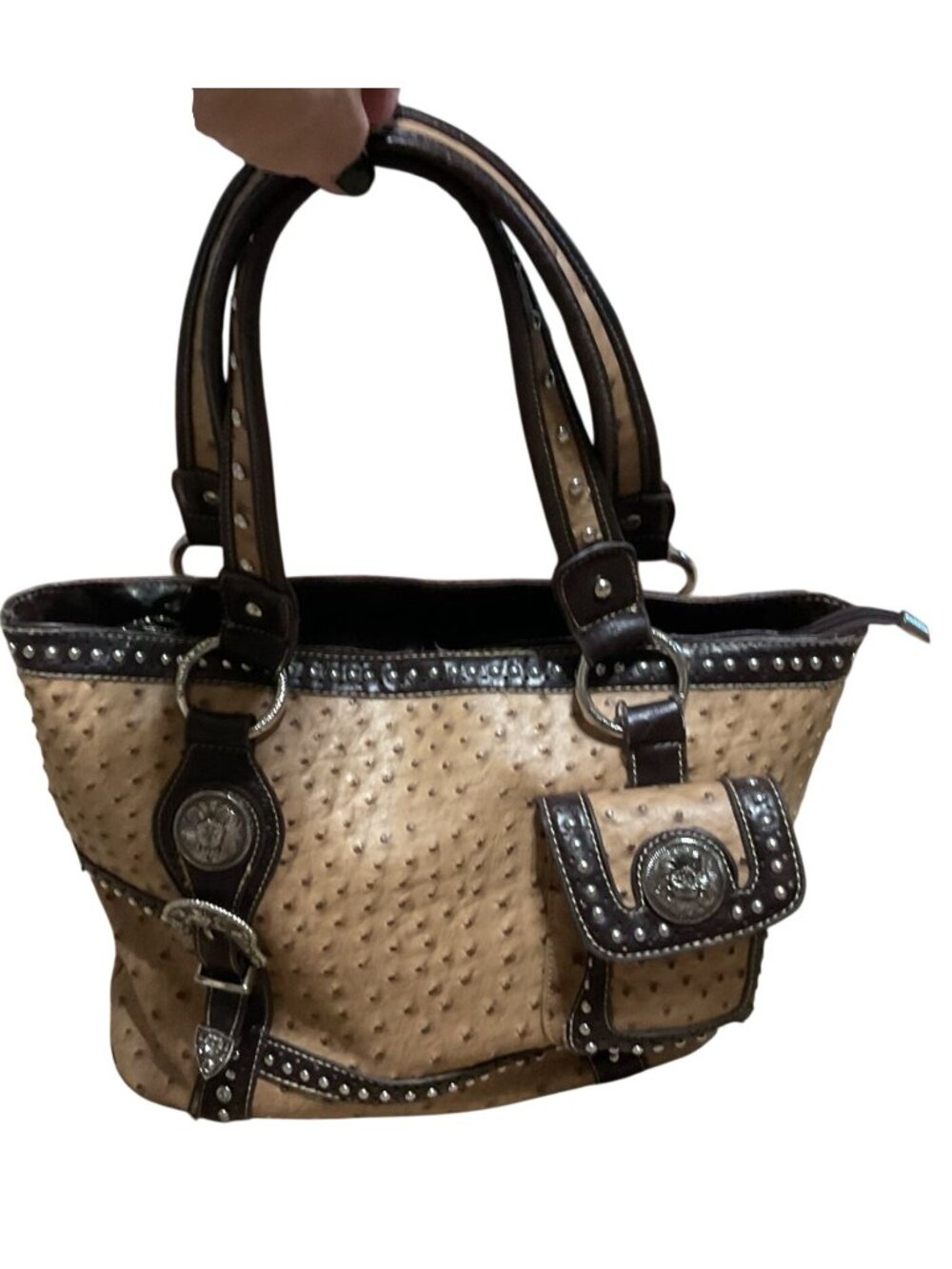 Montana West Ostrich Embossed Handbag With Studded Accents Dual Handles 15x10x5